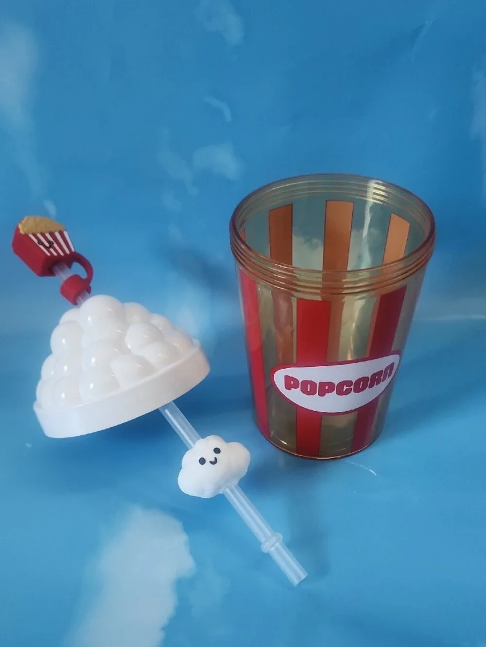 Popcorn-Themed Reusable Party Cup with White Lid and Red Stripes